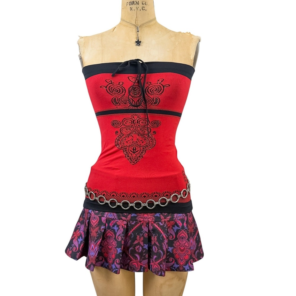 Y2K Boho Embellished Halter Top Glitter Scroll Print McBling 2000s Small